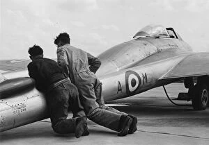Conflict Collection: RAF De Havilland Vampire being pushed into position ready for take-off