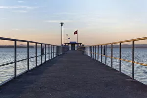 Railing of the ship pier of Mannenbach in the evening light, Lake Constance, Canton of Thurgau, Switzerland
