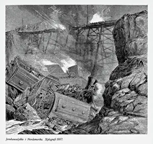 Ravine Collection: Railway Accident and Derailing in North America Engraving, 1887
