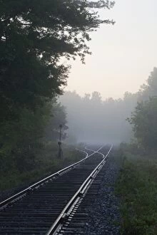 Break Of Dawn Gallery: Railway tracks in early morning mist, Foster, Quebec, Canada