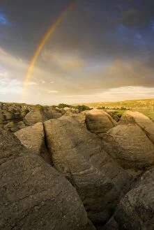 Stormy Gallery: Rainbow over Writing-On-Stone Provincial Park, Alberta, Canada