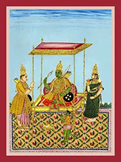 Deities Prints: Rama is seated on a throne with Sīta and Lak£maṇa