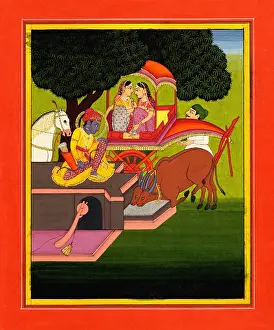Buffalo Prints: Rama watering a buffalo at a well