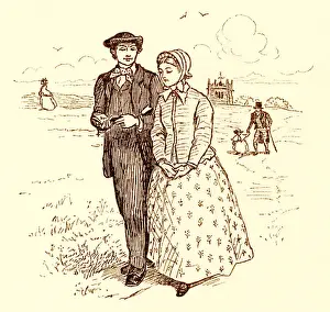 Randolph Caldecott illustration - young Victorian couple walking