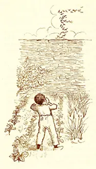 Surrounding Wall Prints: Randolph Caldecott sketch of a small Victorian boy scaring birds