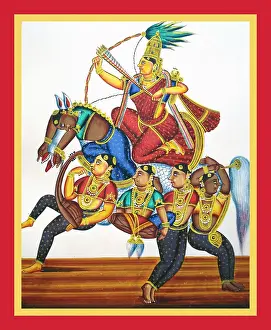 Album Prints: Rati kneels, aiming an arrow on the back of a horse
