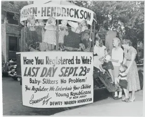 Prints of (Original Caption). Newark: Baby Sitting For GOP. Something new in campaign strategy has been injected into the Presidential campaign by the young Republicans of New Jersey Hollywood's Sultry Siren – A Photographic Tribute: Recreation Workers with Children at Voting Site