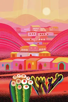 Prints of Desert Landscape with Barrel and Cholla cactus in foreground. Houses fade in diminishing perspective in the background. Colorful red desert misty light landscape Quirky Art Illustration Prints: Red Desert in misty light, barrel cactus and mountain village houses in distance landscape Illustration
