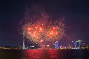 Images Dated 1st January 2012: Red fireworks display in heart shape in Macau