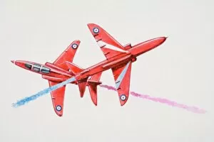 Red jets flying in formation spewing coloured smoke behind them