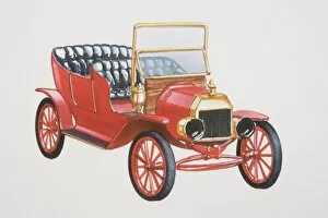 Red model T Ford car, front view
