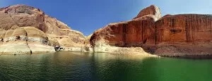 Images Dated 30th August 2012: Red Navajo sandstone cliffs, rock formations rising from Lake Powell, Page, Arizona, USA