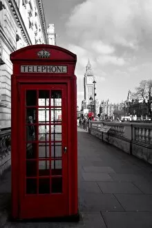 Palace of Westminster Collection: Red phone booth in central London with Big Ben in the background