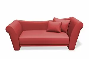Red sofa with two pillows, 3D illustration