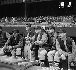Ted Williams Prints: Red Sox Manager and Rookies Posing Together at Baseball Bat Rack