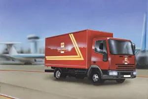 Delivery Prints: Red truck driving along airfield, airplane visible in background