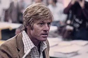 Prints of Actor Robert Redford gives a press conference on the set of Alan J. Pakula's film All the President's Men, US, circa July 1975. (Photo by Michael Ochs Archives/Getty Images) Robert Redford: Classic Hollywood Elegance: Redford at Press Conference