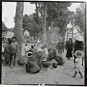 Hanoi Prints: Refugees Gathering Next to a Thoroughfare