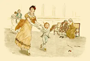 Regency era young woman dancing with Cupid