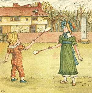 Images Dated 9th December 2016: Regency style children playing shuttlecock and battledore on a village green