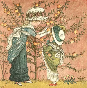 Images Dated 9th December 2016: Regency style girls picking peaches in a summer garden