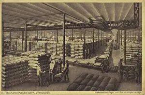 North Germany Prints: Reichardt Kakaowerk, Wandsbek, cocoa bean warehouse with bag transport system