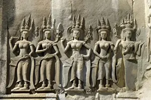 Cultural Monument Prints: Relief in Angkor Wat temple complex, Cambodia, Southeast Asia, Asia