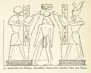 Ancient Egyptian Gods and Goddesses Gallery: relief sculpture of Ramses III with inbetween Thoth and Horus