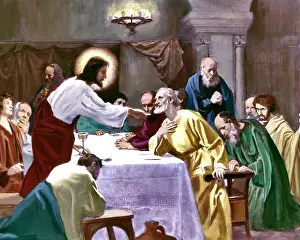 Prints of 1960s Christ With Halo At The Last Supper Offering To His Disciples Take Eat This Is My Body Religious Art Work By Emonds (Photo by Sipley/Classicstock/Getty Images) World Religion Prints: Religious Scene