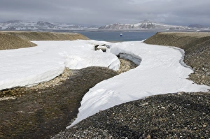 Images Dated 8th August 2012: Remnants of snow surrounding a stream of meltwater, expedition cruise ship MS Quest at the rear