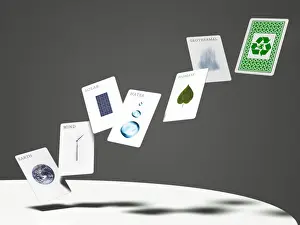 Prints of Renewable energy playing card in mid-air.Wind Power, Solar energy, Biomass, Water Power ( Hydropower, Wave Power, Tidal Power, Marine current Power ), Geothermal energy Stone Prints: Renewable energy playing card in mid-air