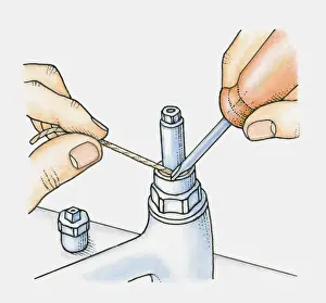 String Prints: Repairing a leaking tap, winding new length of string around spindle and pushing it in with screwdriver