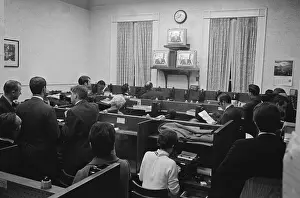 Broadcasting Prints: Reporters Type Watching Lbj On Tv