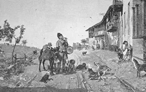 Acrobatics Prints: A restless impresario, street artist with donkey and dogs shows tricks in the street