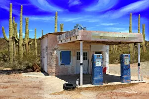 Desert Gallery: Retro Style Desert Scene with Old Gas Station and Saguaro Cactus