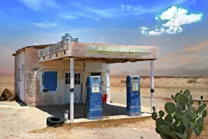 Blue Sky Gallery: Retro Style Scene of old gas station in Arizona Desert