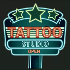 Vibrant Neon Art Gallery: Retro Tattoo parlor with stars studio neon sign