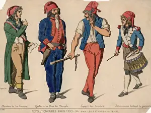 Prints of Four generic examples of French revolutionaries. Left to right :a member of the Commune of 1793, a jailer from the Tour du Temple, a thuggish follower of one of the comites, and a drummer boy Heritage Images Prints: Revolutionary Types