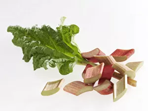 Rhubarb pieces and rhubarb leaf