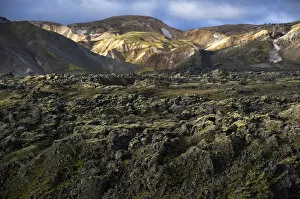 Rhyolite mountains and Laugahraun lava field, Landmannalaugar, Fjallabak Nature Reserve, Highlands of Iceland, Iceland