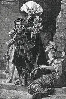 Opposites Prints: Rich Woman Giving Alms to Poor