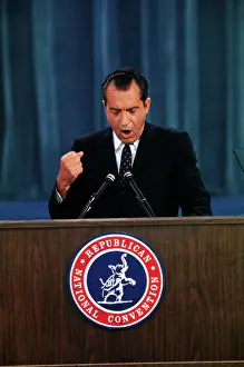 Richard Nixon Speaking and Gesturing at Podium