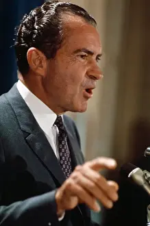 Richard Nixon Speaking and Gesturing at Podium