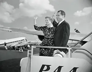 Richard Nixon and Wife Waving Goodbye at Airport