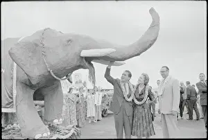 Richard and Pat Nixon Examining Elephant Replica While on Campaign Trail