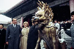 Richard and Pat Nixon by Lion Sculpture in Beijing