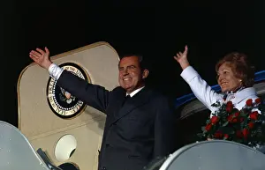 Richard and Pat Nixon Waving from Plane