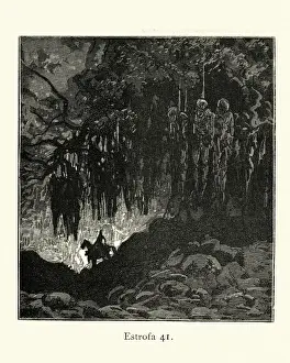 Riding passed the gallows trees, hanging corpses. Orlando Furioso