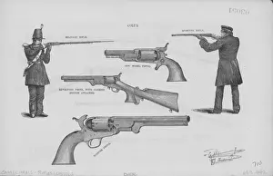 Prints of Sketch of various rifles and pistols including; holster pistol, military rifle and sporting rifle. (Photo by Frederic Lewis/Archive Photos/Getty Images) Urban Echoes of America’s Golden Age: Rifles And Pistols