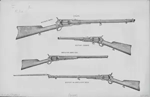 Prints of Sketch of various rifles and pistols including; sporting rifle, military rifle and revolving shot gun. (Photo by Frederic Lewis/Archive Photos/Getty Images) Urban Echoes of America’s Golden Age: Rifles And Pistols